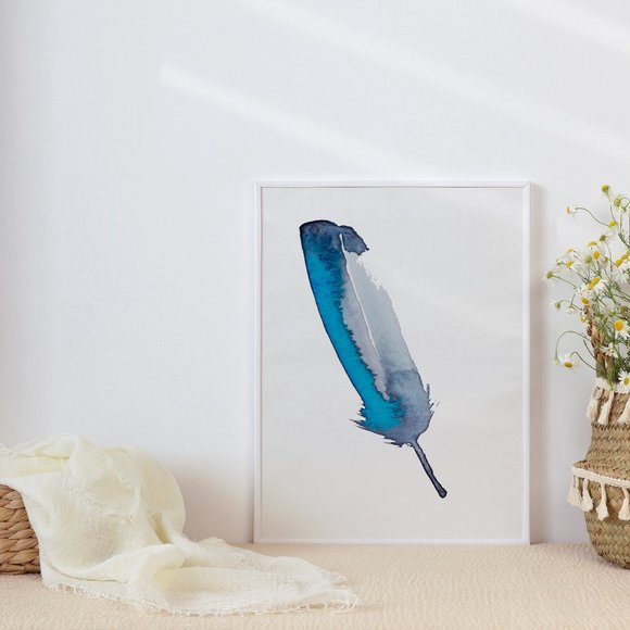 Boho blue and grey watercolor feather art print - Picture 2 of 2